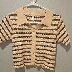 Wishlist Cream and Dark Green Striped Knit Polo Cardigan
